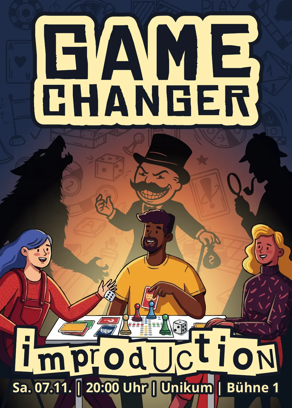 Flyer: GAMECHANGER von Improduction – Freund:innen am Spielbrett, dahinter ein riesiger Monopoly-Mann als Schatten
